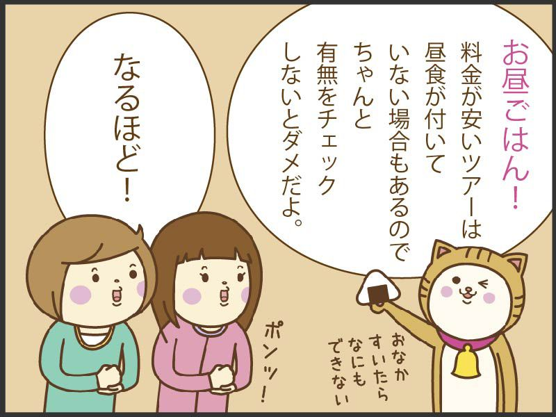 お昼ごはん！料金が安いツアーは昼食が付いていない場合もあるのでちゃんと有無をチェックしないとだめだよ