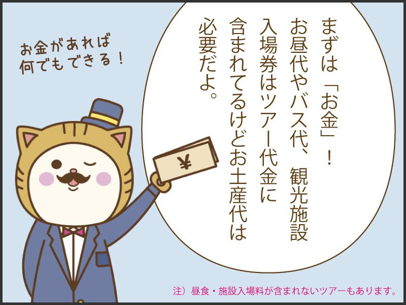 まずはお金。お昼代やバス代、観光施設入場券はツアー代金に含まれているけどお土産代などは必要