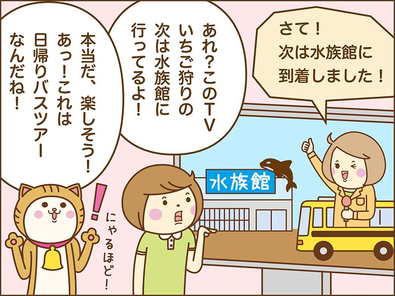 さて、次は水族館に到着しました！あれ？このTVいちご狩りの次は水族館に行ってるよ！本当だ、楽しそう！あっ！これは日帰りバスツアーなんだね！