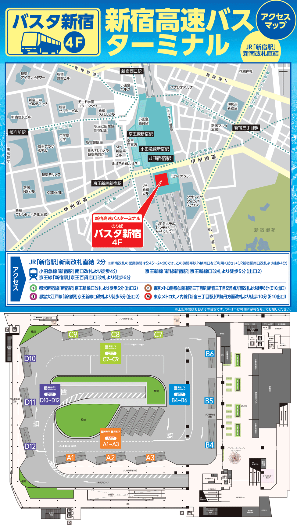 新宿発 夜行バス集合場所 バスタ新宿4階 新宿駅南口 新宿高速バス